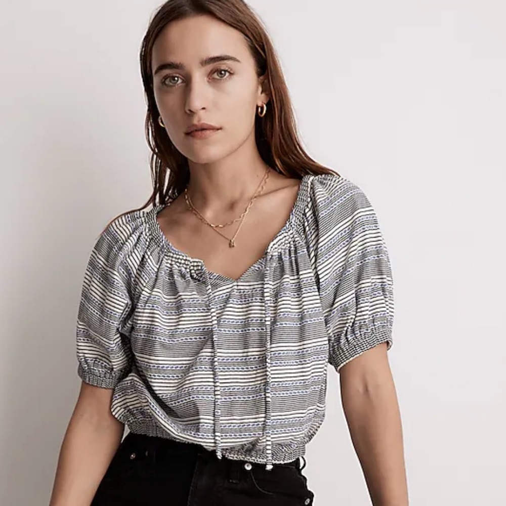 Madewell Jacquard Keyhole Crop Top Peasant Striped Cotton Top Size Large